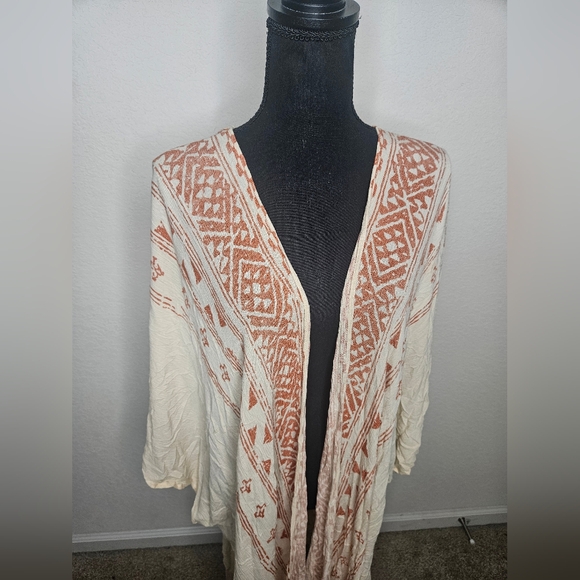 Free People Western Southwestern Aztec Print Flowy Bohemian Cream & Rust Kimono - Picture 2 of 9